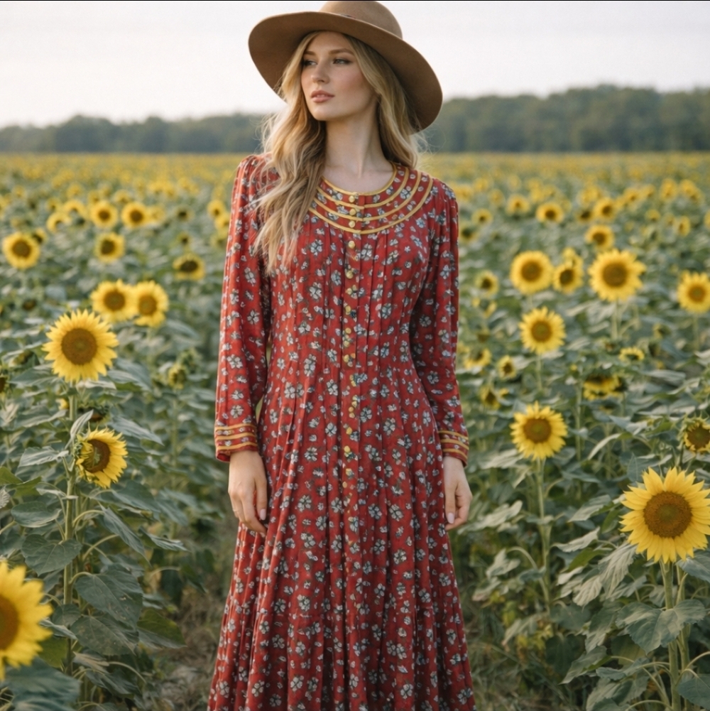 Vtg Plaza South Button Down Milkmaid Prairie Red Ditsy Floral Gold Trim Dress L